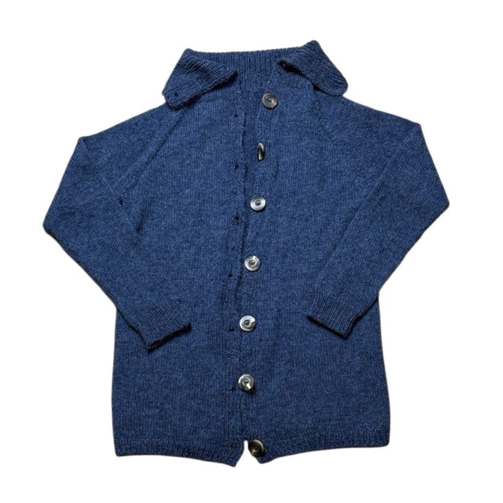 Women’s blue shawl collared knit long cardigan duster wool mohair handmade